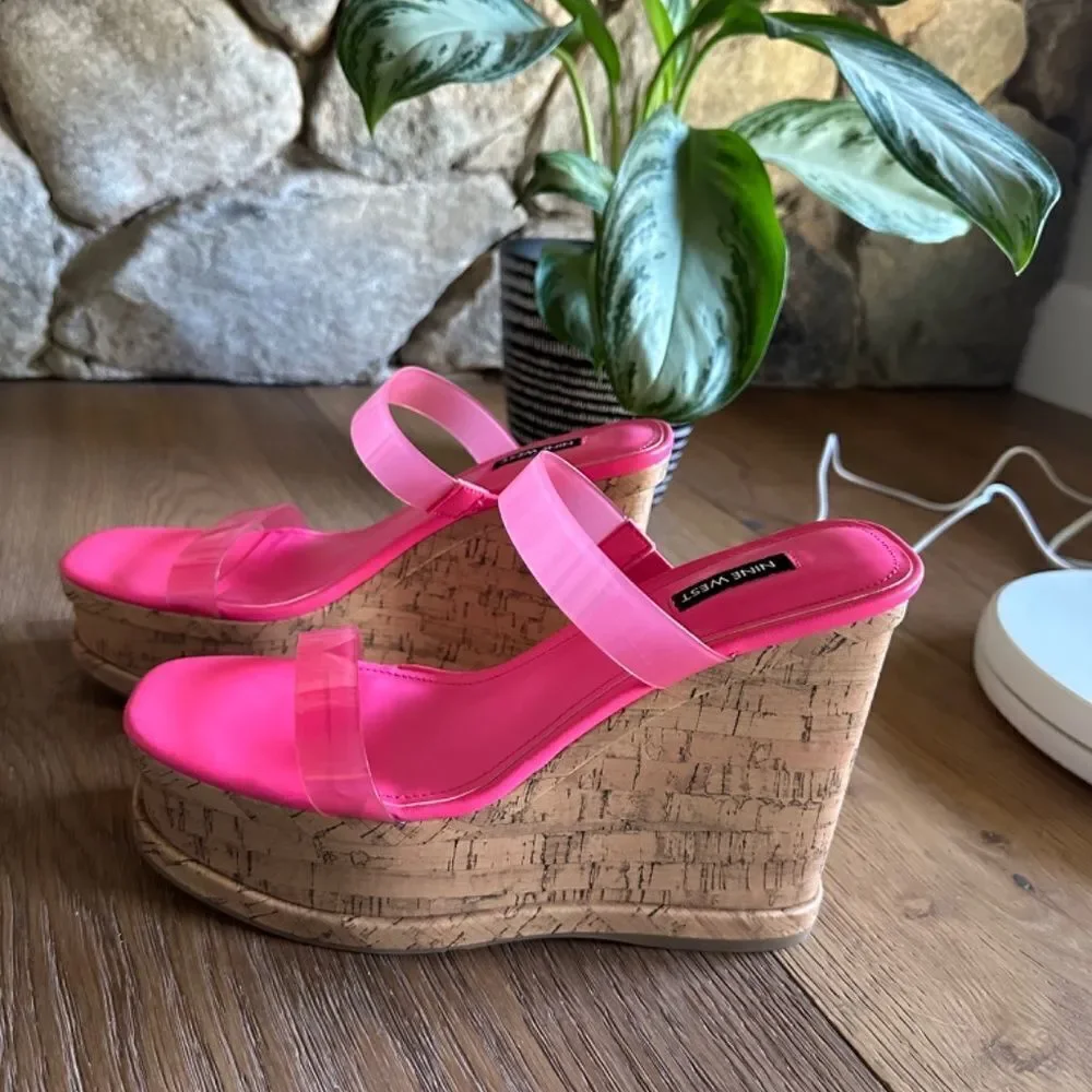 Nine West Rapps Platform Wedge Sandal Hot Pink Size 10 NEW